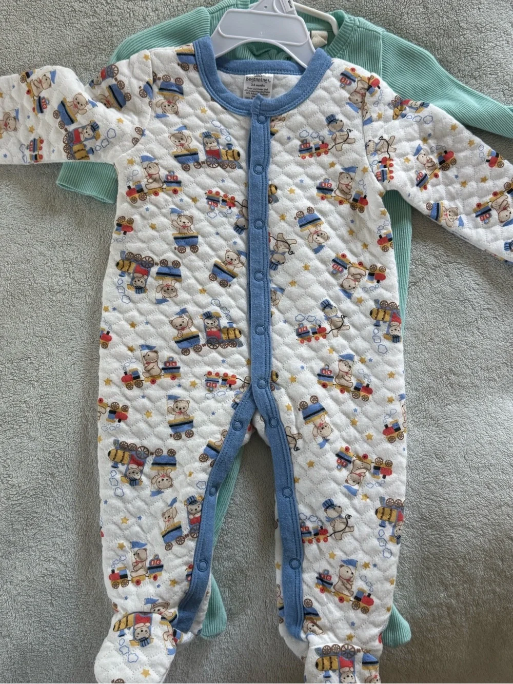 Cozy Baby Footed Pajamas Set - Teddy & Train Prints, Mint + White
